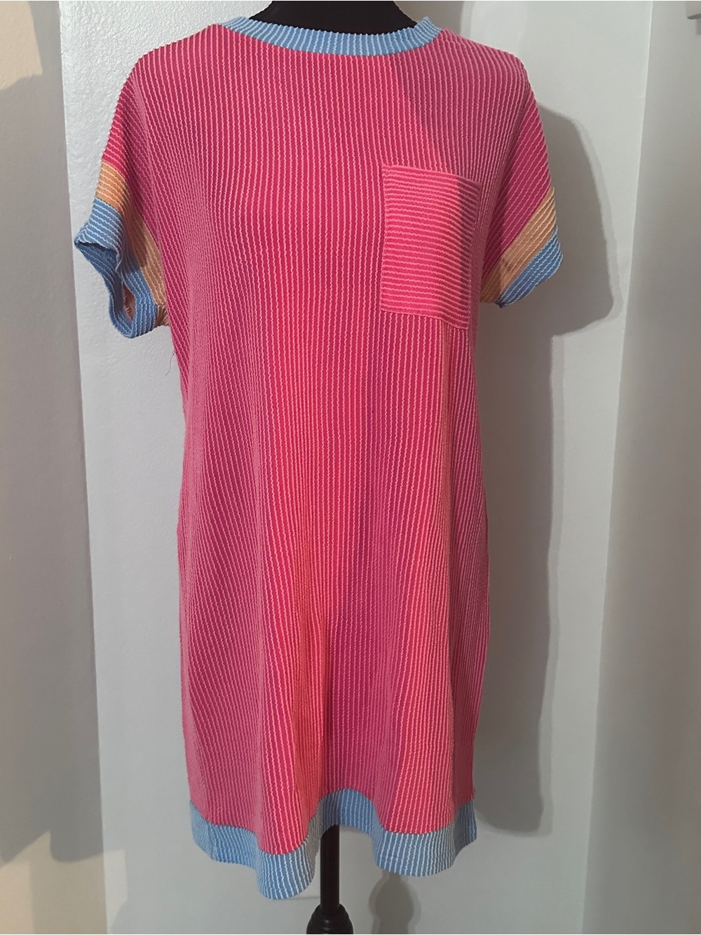 Pink Ribbed Knit T-Shirt Dress with Blue Trim